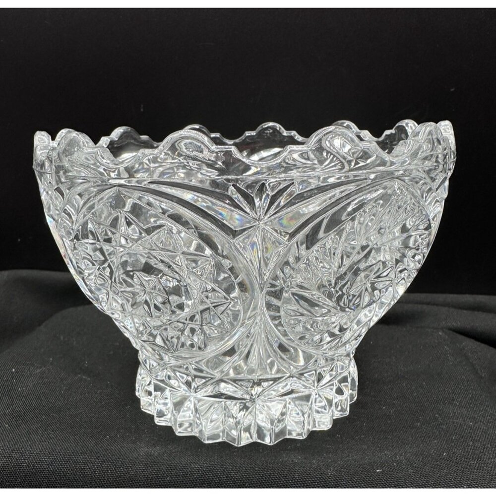 Vintage Lead Crystal Cut Glass Candy Bowl Heavy 5.5” Sunrise Pattern Yugoslavia